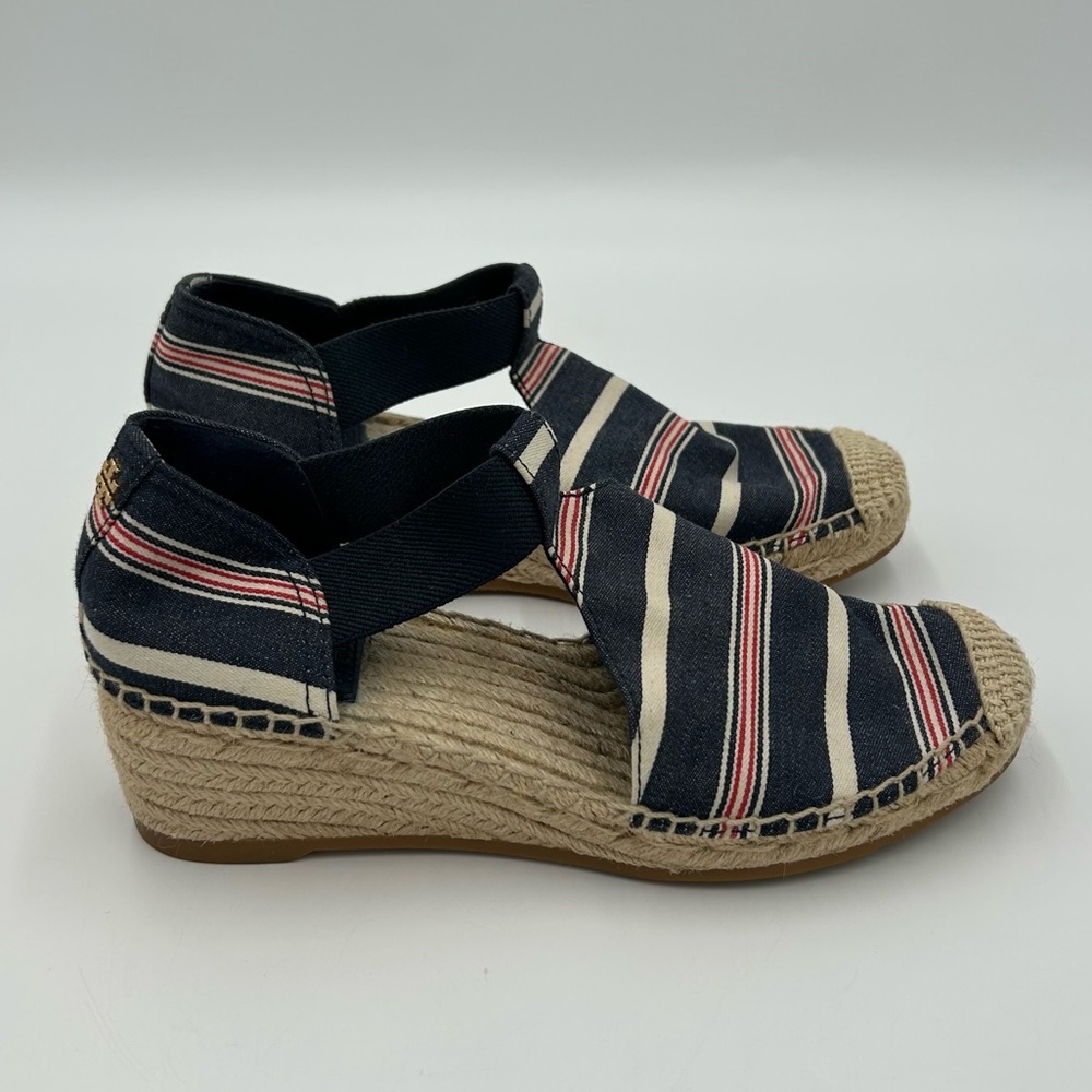 Tory Burch Catalina Espadrille Wedge Preppy Chic Striped Canvas Sandals Navy 7M